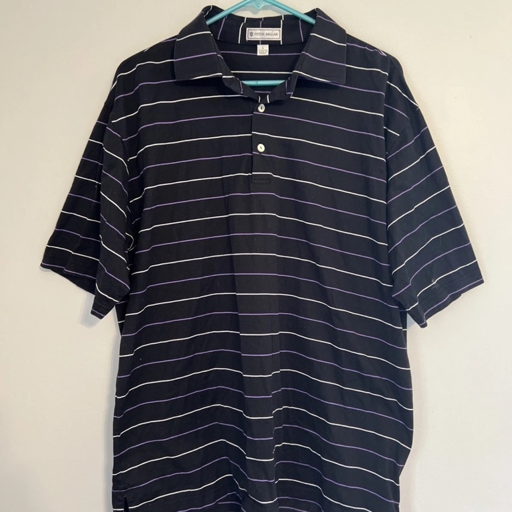 Peter Millar Men’s Short Sleeve Polo 100% Cotton Black Purple Stripe Size L